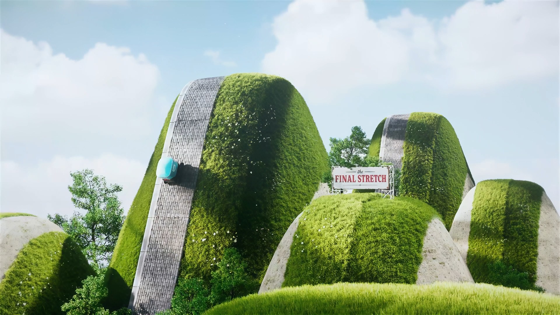 Delivery robot climbing a hedge mountain toward 'The Final Stretch' sign