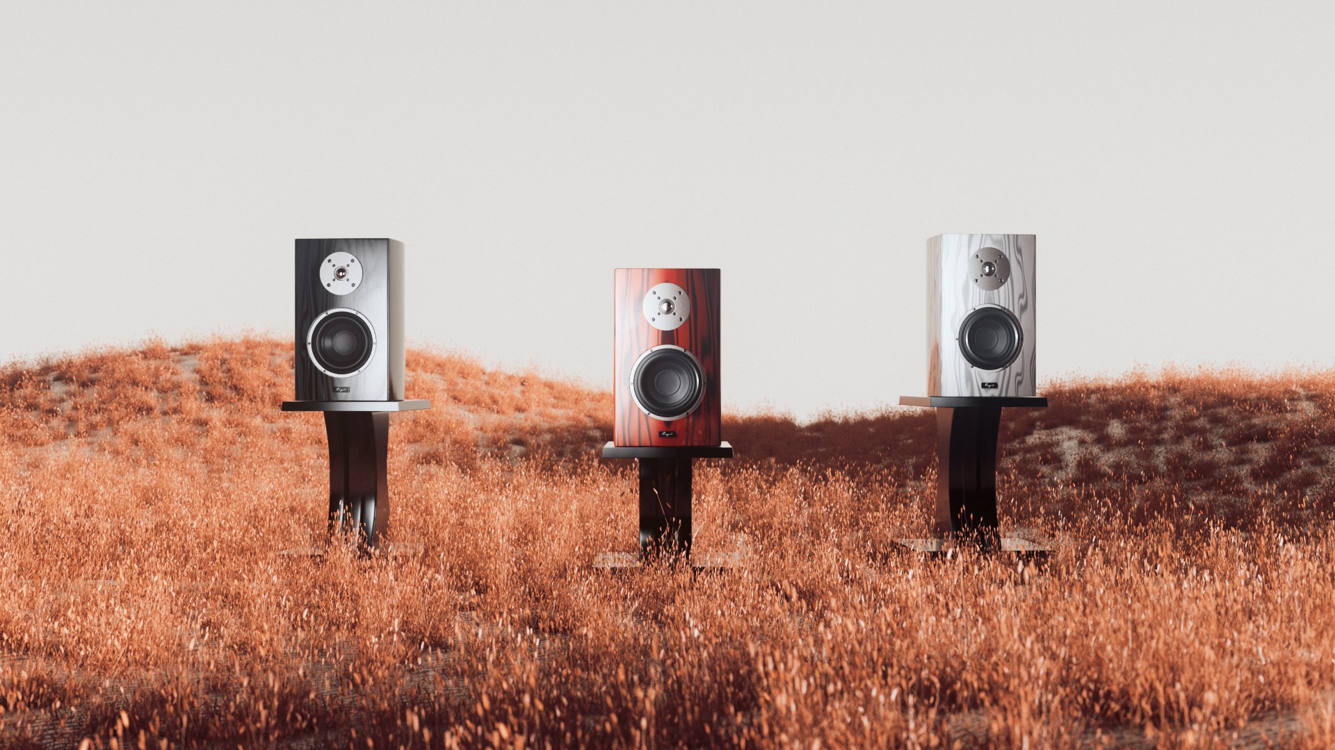 Three T-40 colorways, same build, rendered together in a grass field