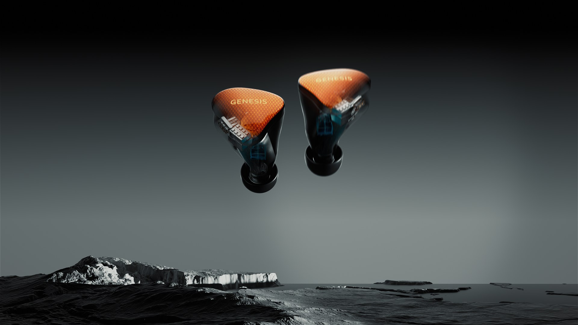 Genesis in-ear monitor cutaway render, floating over icy water