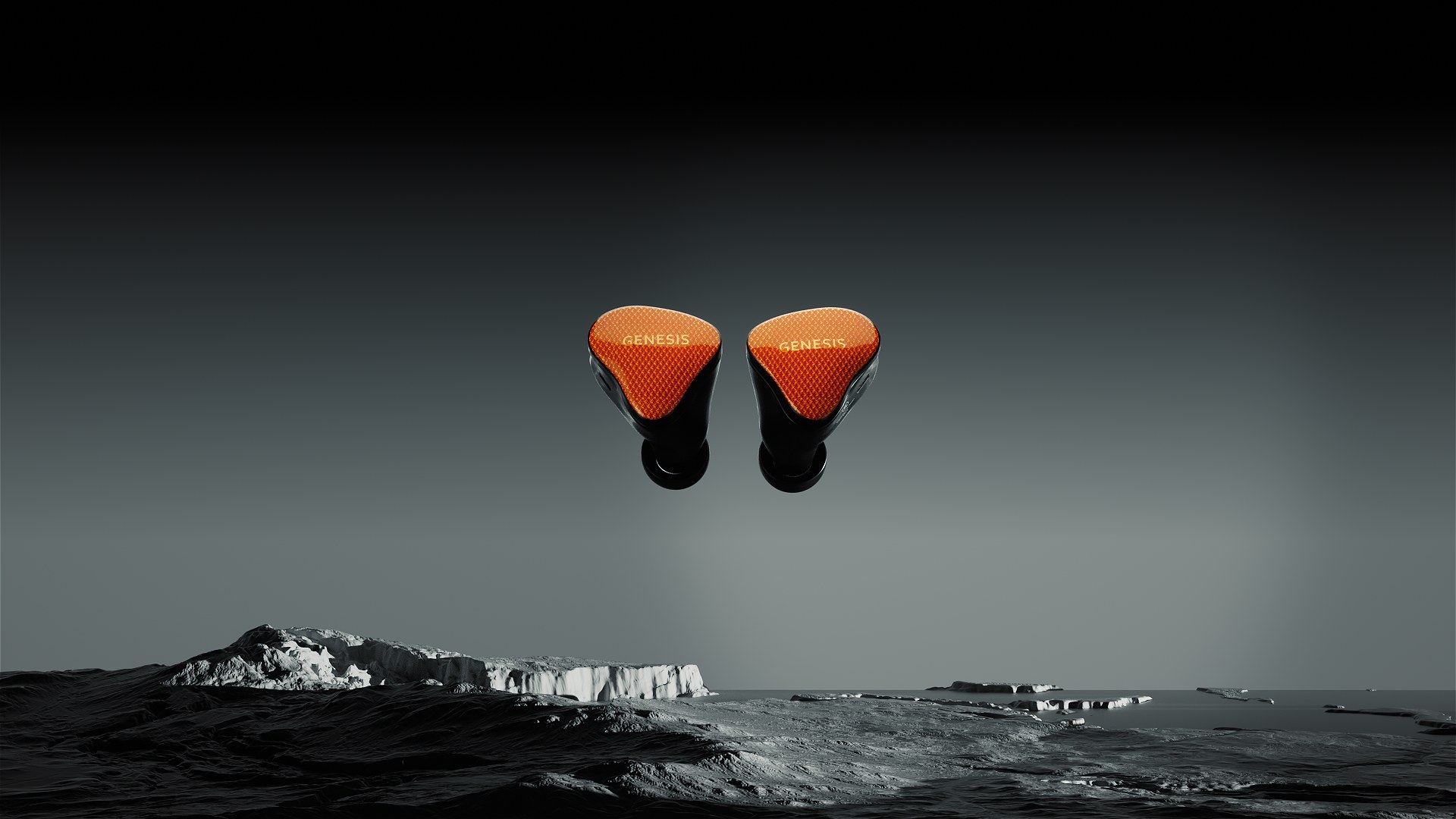 Genesis in-ear monitor render, over icy water