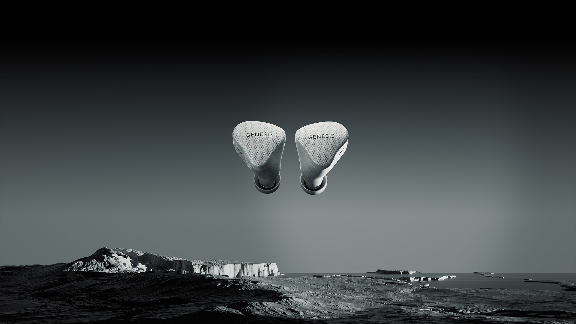 Genesis in white colorway, floating over icy water